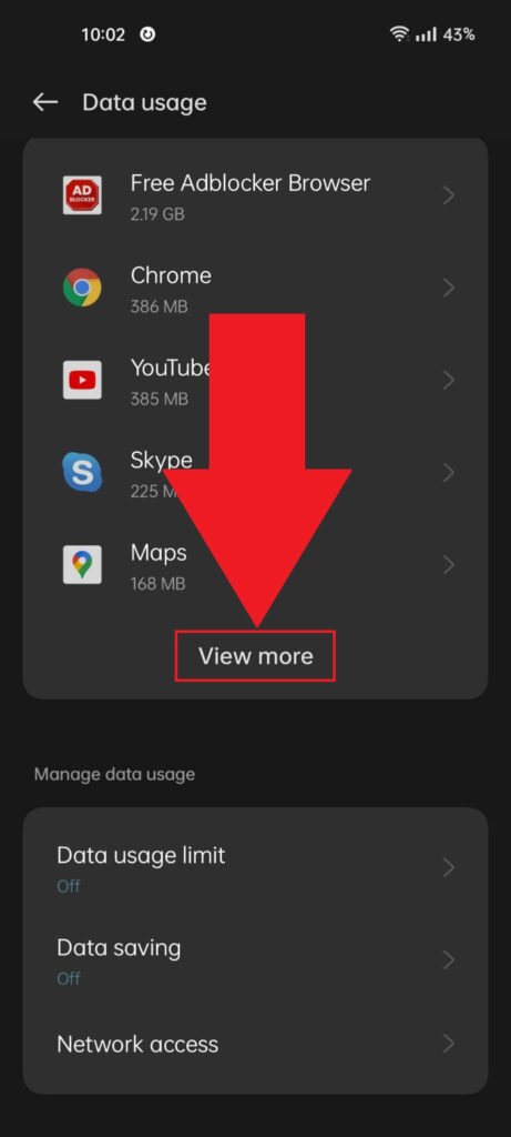 "Data usage" page in the Android settings, showing the "View more" option highlighted