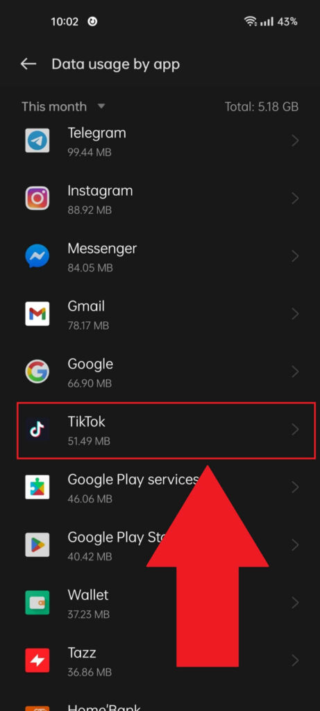 List of apps based on Data Usage on an Android phone, showing the TikTok app highlighted in red