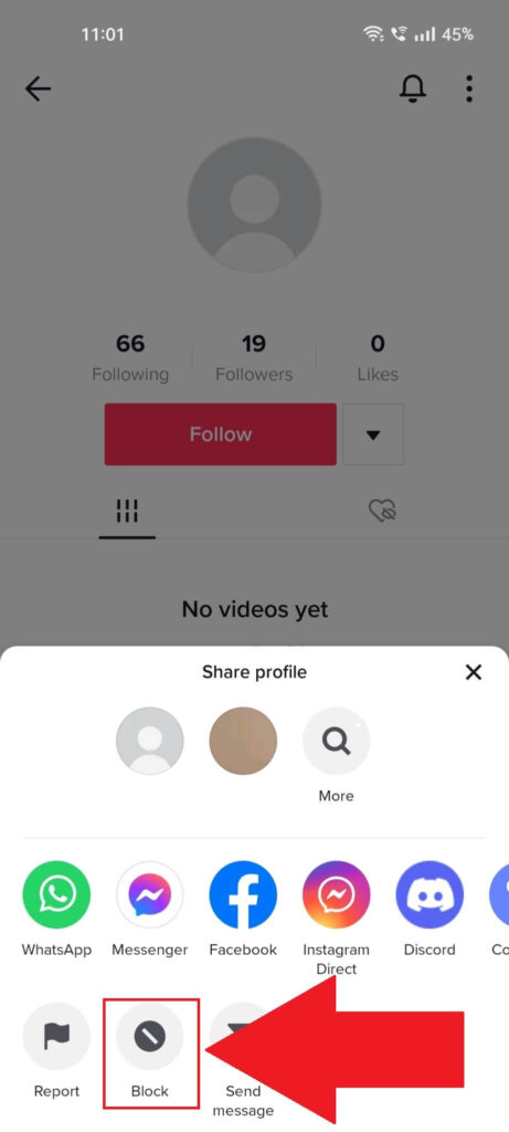 TikTok profile page with the "Share profile" menu opened and the "Block" option highlighted