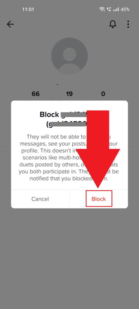 TikTok user block confirmation showing the "Block" button highlighted