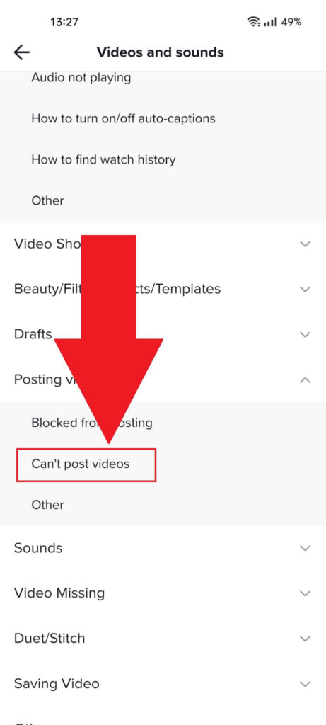 Select "Can't Post Videos"