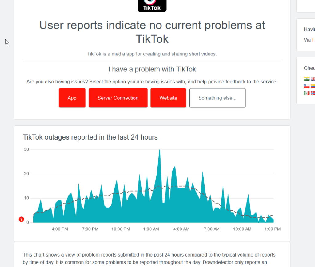 DownDetector screen showing that TikTok is not currently down, and a graph of reported issues
