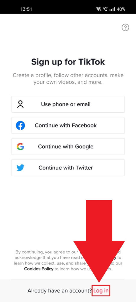 TikTok log-in page where the "Log in" button at the bottom of the page is highlighted in red