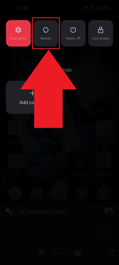 Android phone Power menu with the "Restart" option highlighted in red