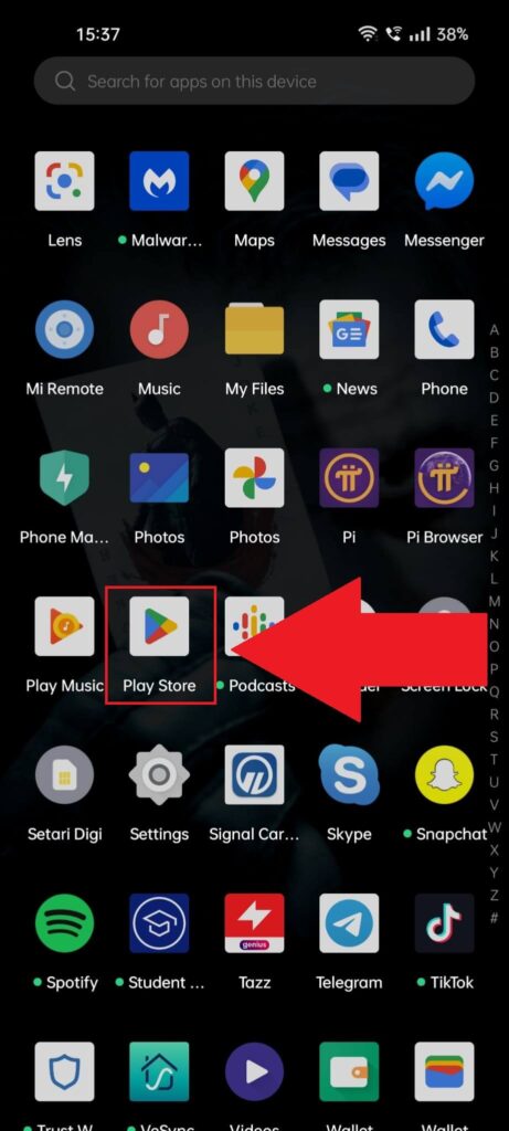 Android phone showing the app list and highlighting the "Play Store" icon