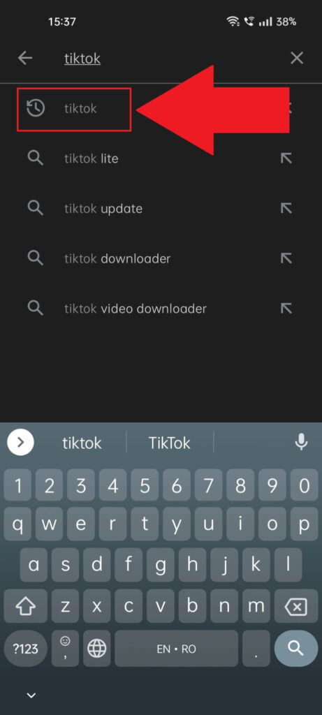 Play Store search results page with the first "TikTok" result highlighted