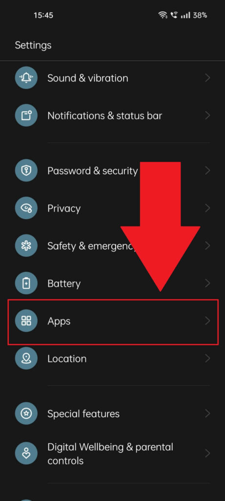 Android phone "Settings" window with the "Apps" option highlighted in red