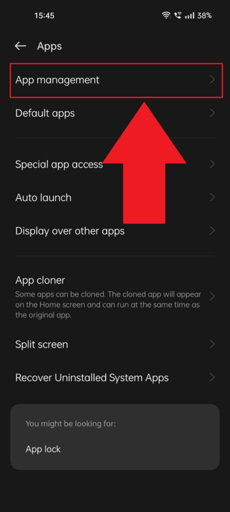 "Apps" settings page on an Android phone with the "App management" option highlighted
