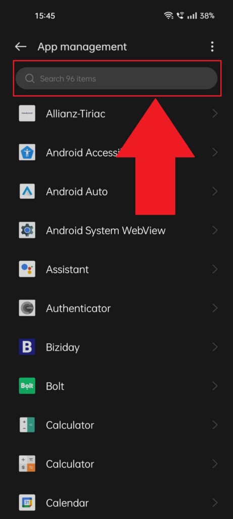 App list on an Android phone showing the search bar highlighted in red