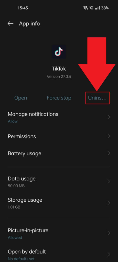 TikTok App Info page where the "Uninstall" page is highlighted in red