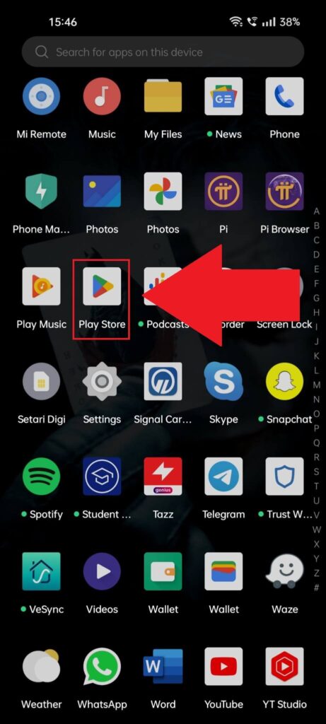 App List on an Android phone with the "Play Store" app highlighted in red