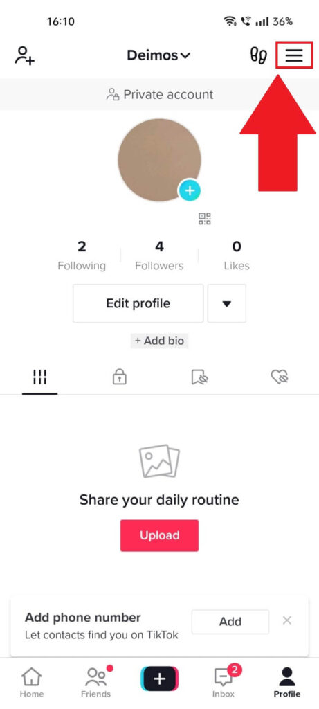 TikTok profile page showing the Menu icon highlighted in red, in the top-right corner of the page