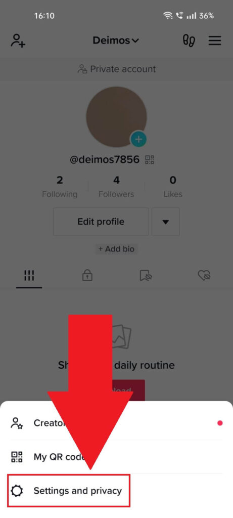 TikTok profile page showing the "Settings and privacy" option highlighted at the bottom of the page
