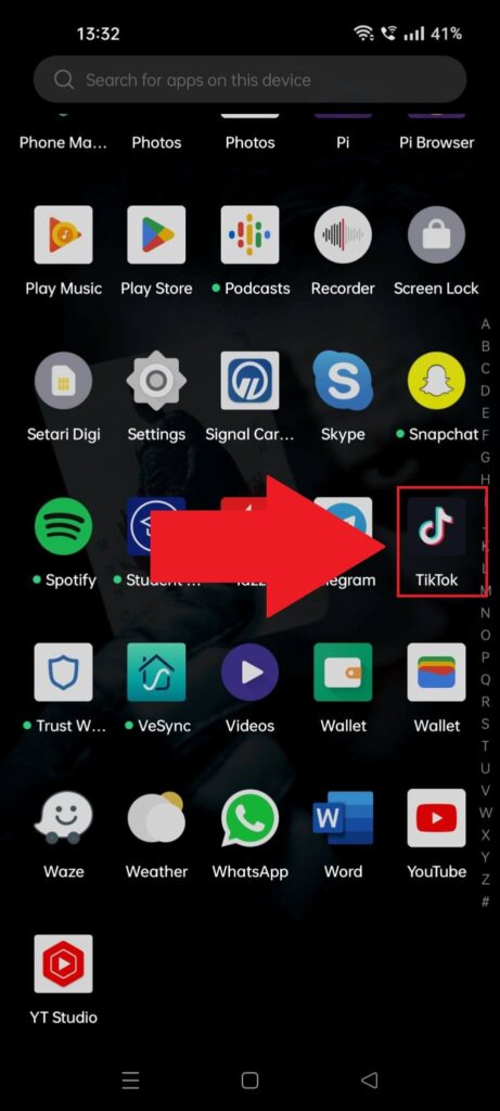 Android phone app list showing the TikTok app highlighted