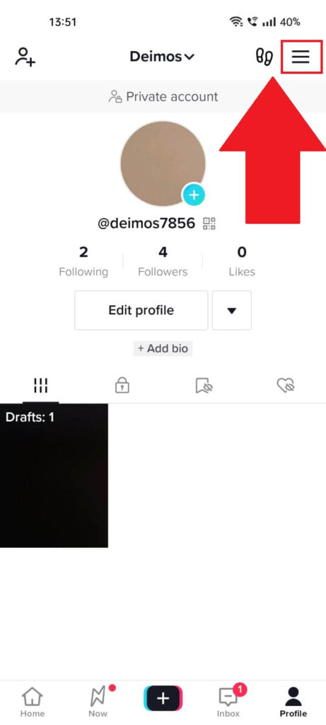 TikTok profile page with the "Menu" icon highlighted