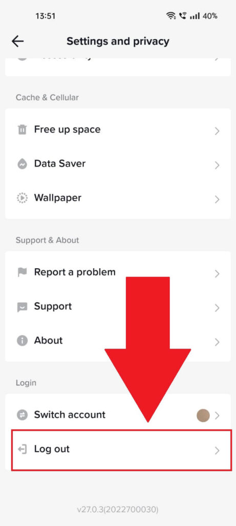 "Settings and privacy" page on TikTok where the "Log out" option is highlighted