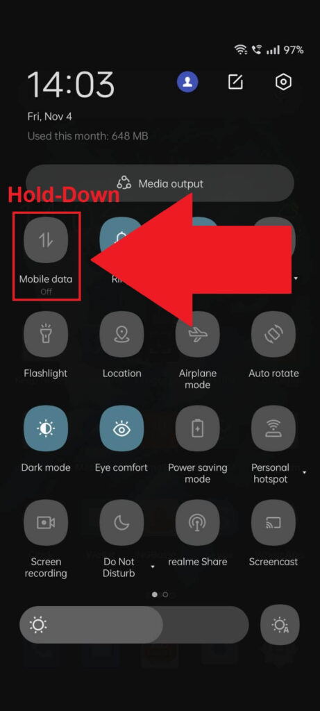 Hold-tap on the Mobile Data icon in the Quick Menu