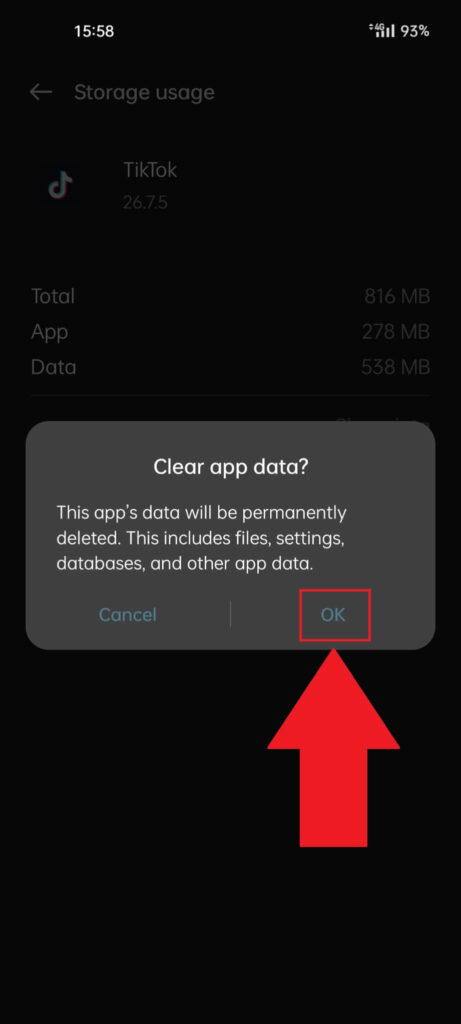 Select "Ok" to confirm the deletion of the app data