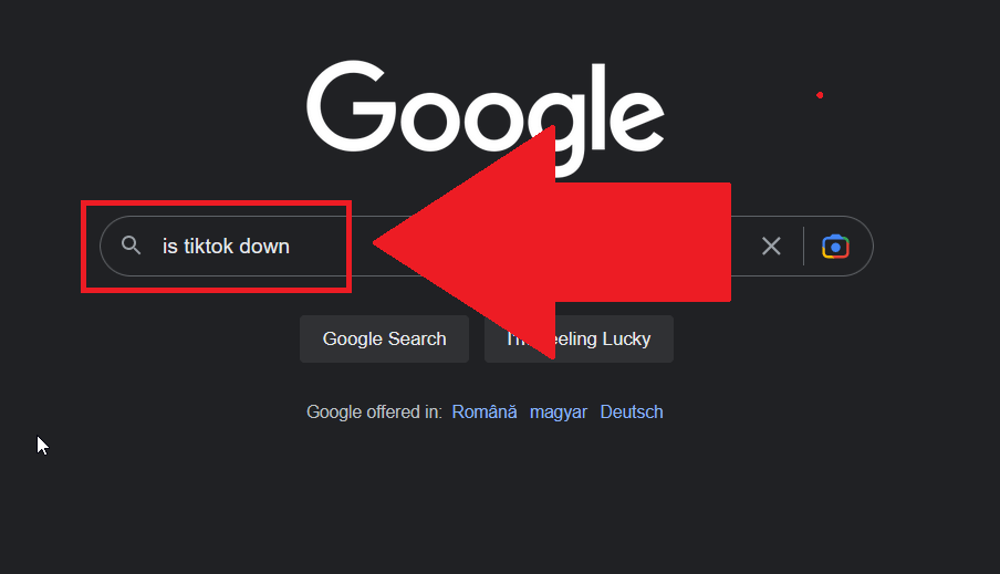 Google search engine showing the "Is TikTok down?" question typed in the search box
