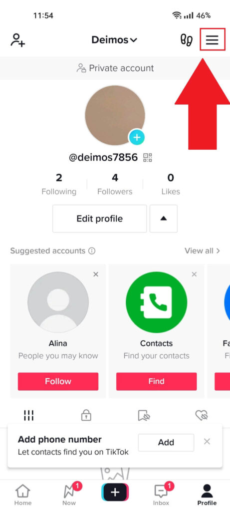 TikTok profile page showing the "Menu" icon highlighted in red