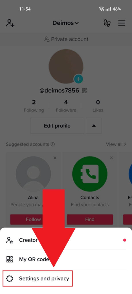 TikTok profile page showing the "Settings and privacy" button highlighted at the bottom of the page