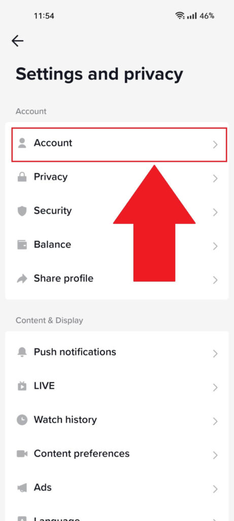 "Settings and privacy" menu on TikTok showing the "Account" option highlighted in red