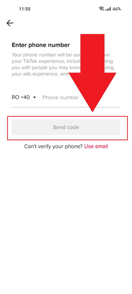 TikTok verification screen with the "Send code" button highlighted