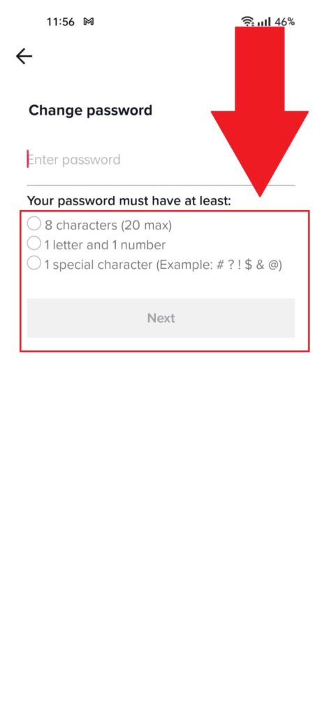 TikTok password-changing screen with the password requirements highlighted in red