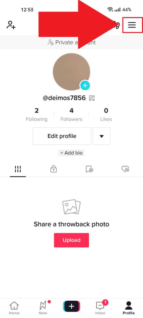 TikTok profile page with the "Menu" icon highlighted