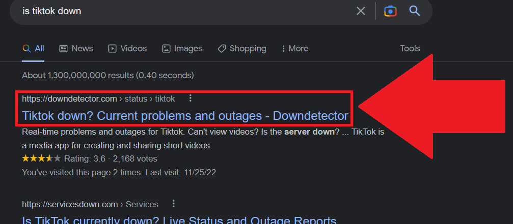 Google search results page showing the "DownDetector" website highlighted in red