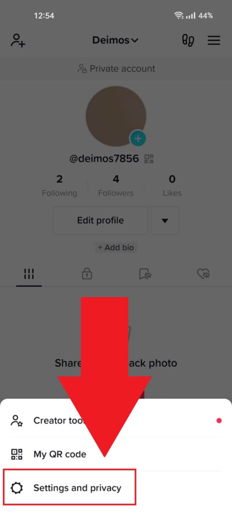 TikTok profile page showing the "Settings and privacy" option highlighted in red