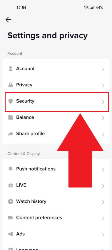 TikTok settings page with the "Security" option highlighted in red