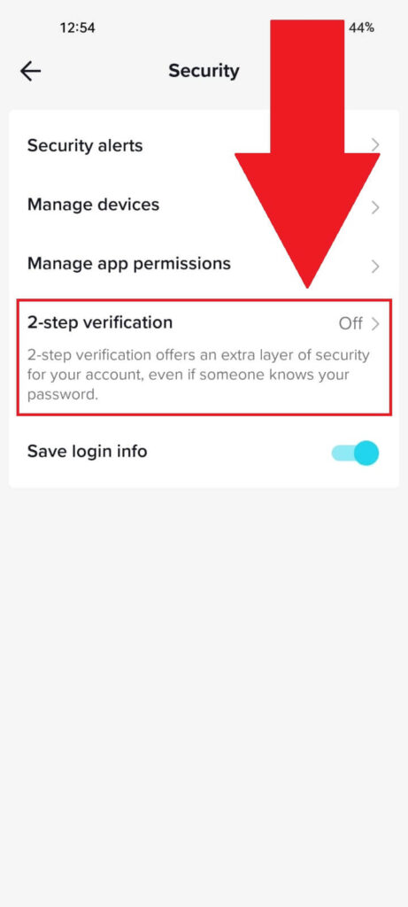 "Security" page on TikTok with the "2-step verification" option highlighted