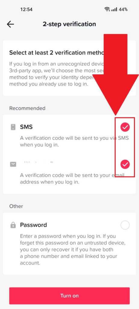 TikTok "2-step verification" page with the "SMS" and "Email" options checked