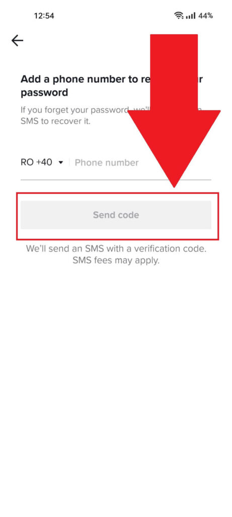 TikTok confirmation page showing the "Send code" button highlighted