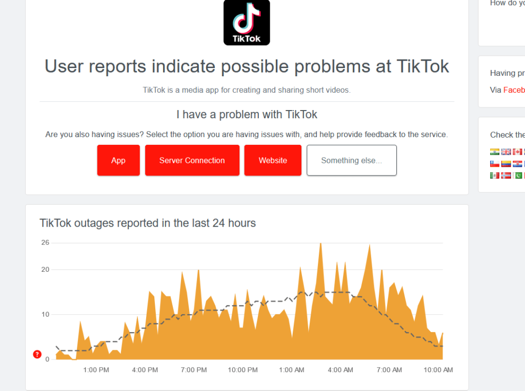 DownDetector page showing a graph about TikTok's outage reports in the last 24 hours