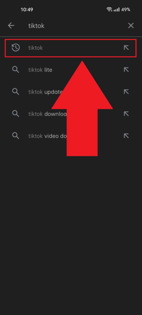 Play Store search results page with the "TikTok" result highlighted in red