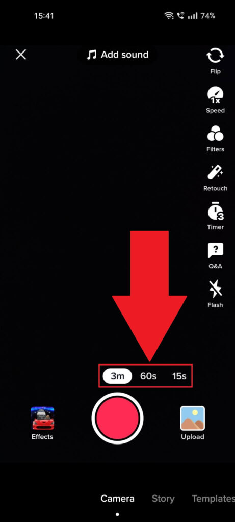 TikTok video recording screen where the different video lengths are highlighted in red