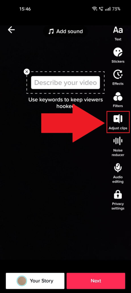 TikTok video editing screen with the "Adjust clips" option highlighted in red