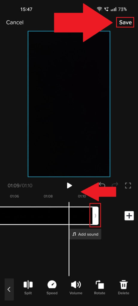 TikTok video length editor where the right margin of the video is highlighted to show that you can shorten the video with it