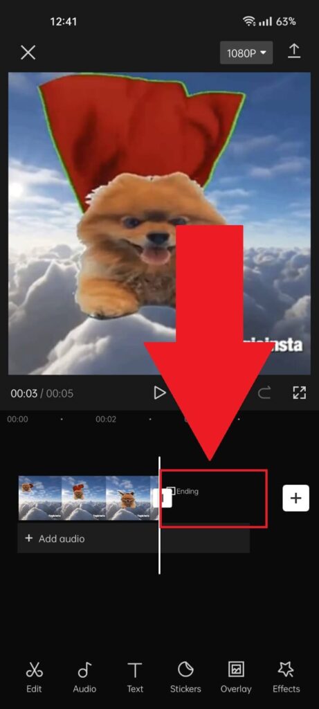 CapCut video editing screen where the "ending" segment is highlighted in red
