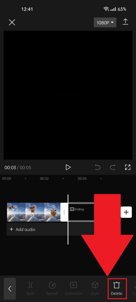 CapCut video editing screen showing the "Delete" icon highlighted in red