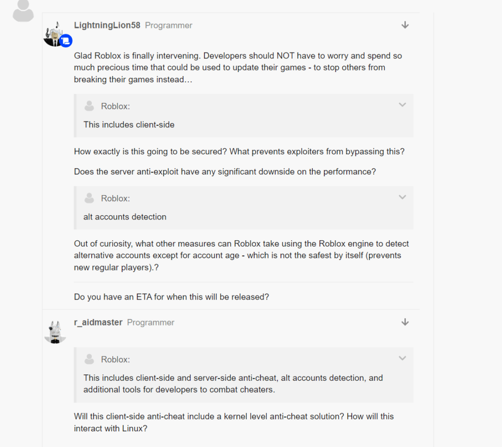 Roblox dev forum showing a few comment threats posted by game programmers on Roblox's announcement about Byfron's acquisition