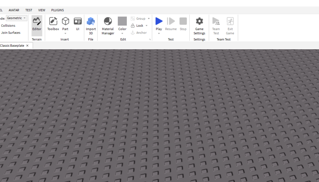 Roblox interface showing a basic terrain template made of studs