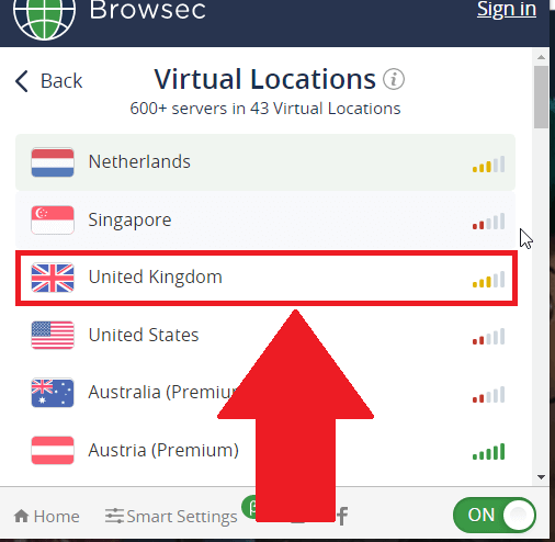 Browsec VPN interface showing the VPN server list with the "United Kingdom" option highlighted