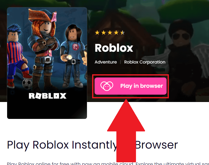now.gg website showing the "Play in browser" button available on the Roblox page