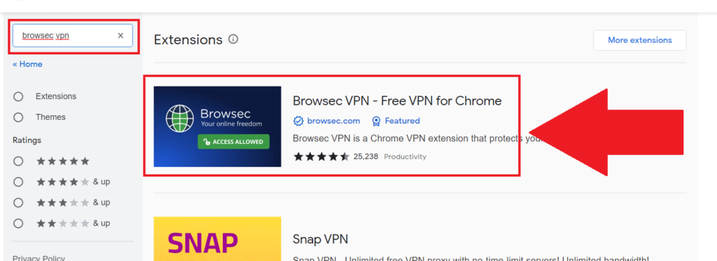 Chrome Web Store search results showing the "Browsec VPN" option highlighted in red