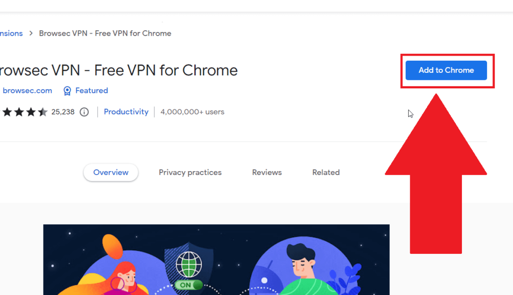 Chrome Web Store showing the Browsec VPN page with the "Add to Chrome" button highlighted