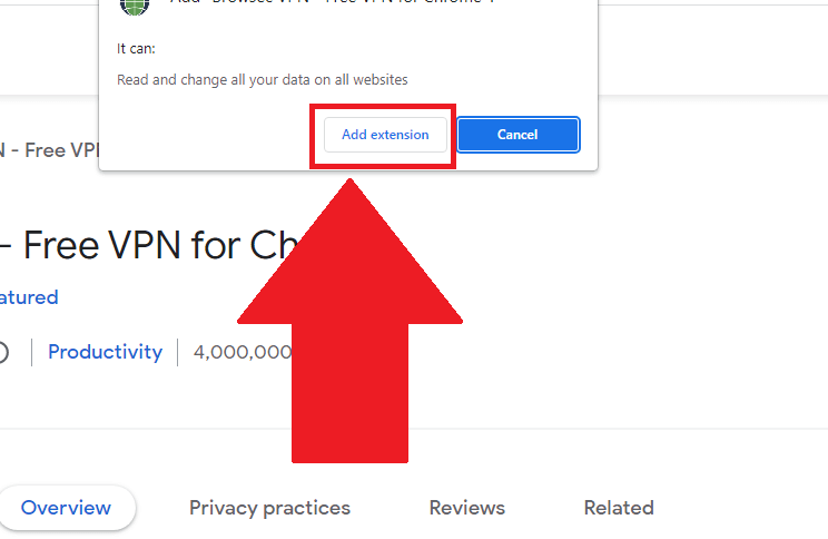 Chrome Web Store showing a notification about installing Browsec VPN, with the "Add extension" button highlighted