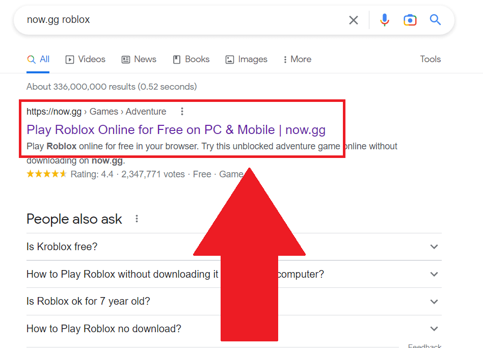 Google search results showing the "now.gg" website as the first search result highlighted in red